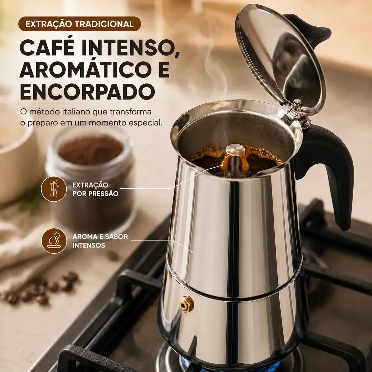 Cafeteira Italiana Moka inox 6 Xícaras Café Expresso Espresso Para Fogão Manual Tradicional Resistente 300 Ml Casa Premium Sólar thumbnail 4