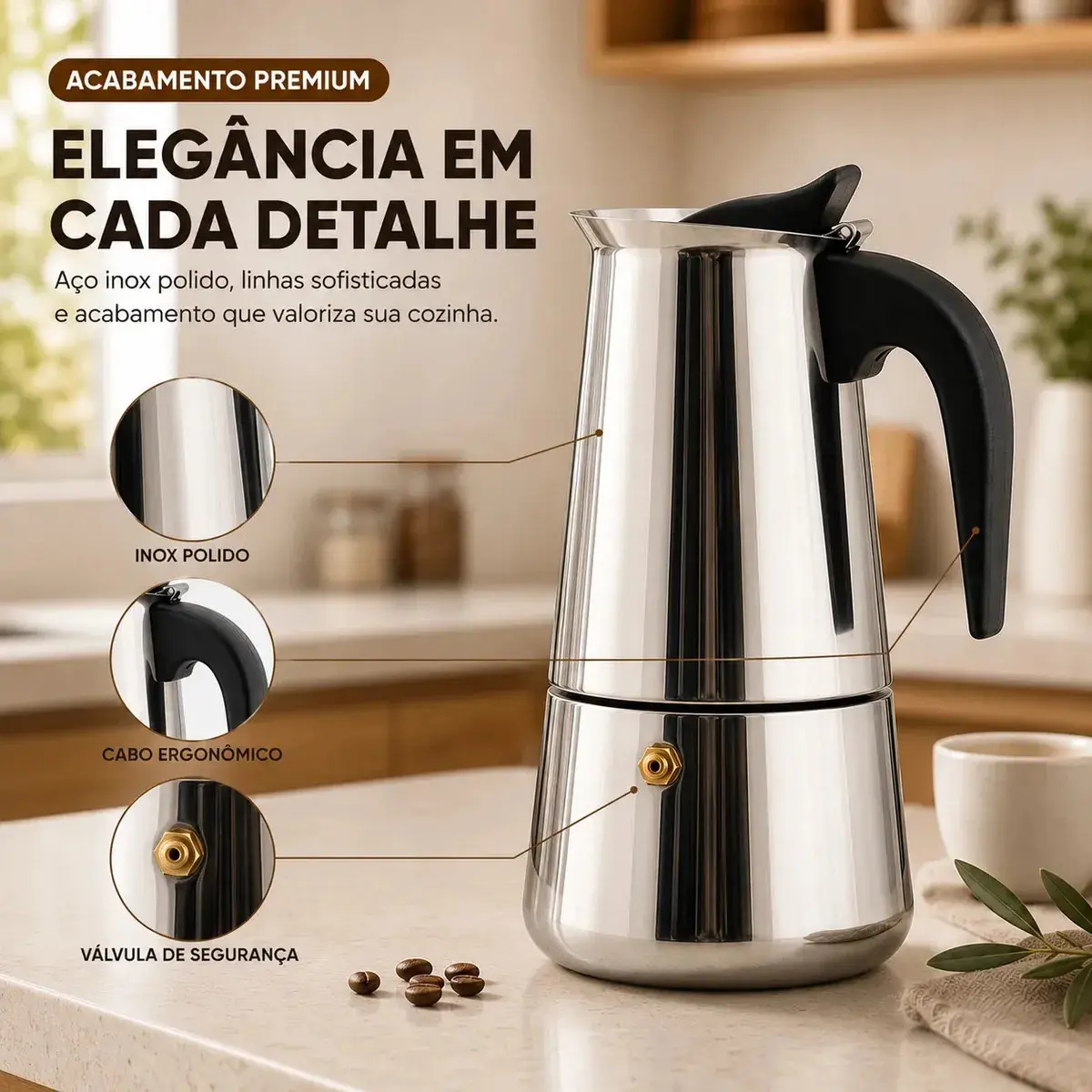 Cafeteira Italiana Moka inox 6 Xícaras Café Expresso Espresso Para Fogão Manual Tradicional Resistente 300 Ml Casa Premium Sólar thumbnail 5