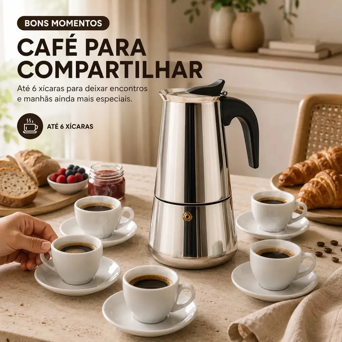 Cafeteira Italiana Moka inox 6 Xícaras Café Expresso Espresso Para Fogão Manual Tradicional Resistente 300 Ml Casa Premium Sólar thumbnail 6