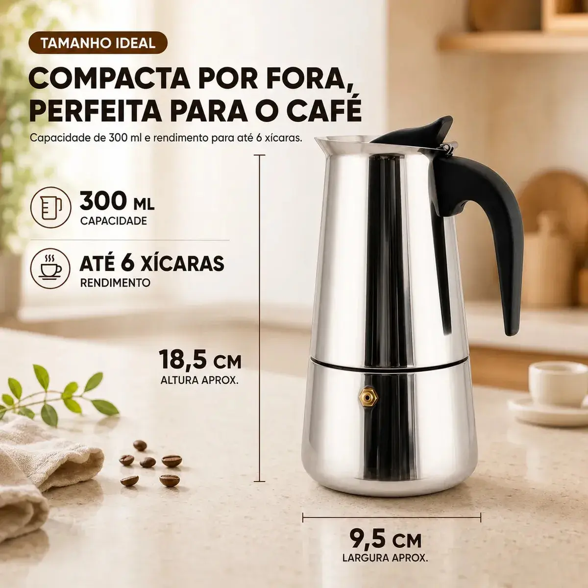 Cafeteira Italiana Moka inox 6 Xícaras Café Expresso Espresso Para Fogão Manual Tradicional Resistente 300 Ml Casa Premium Sólar thumbnail 8