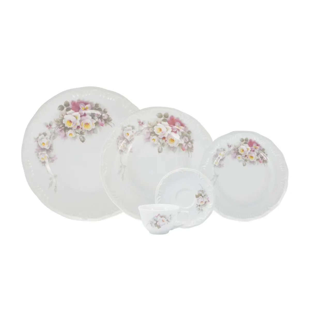 Serviço de Jantar e Café 20 Peças em Porcelana, Xícaras sem Pé, Modelo Pomerode, com Relevo, Decoração Eterna, Porcelana Schmidt