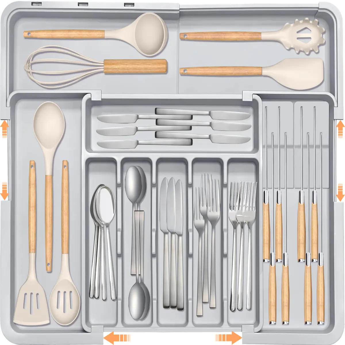 Organizador de gaveta de talheres para cozinha, organizador de gaveta de utensílios ajustável com 2 blocos de facas, suporte de talheres e talheres sem BPA, armazenamento de plástico expansível para