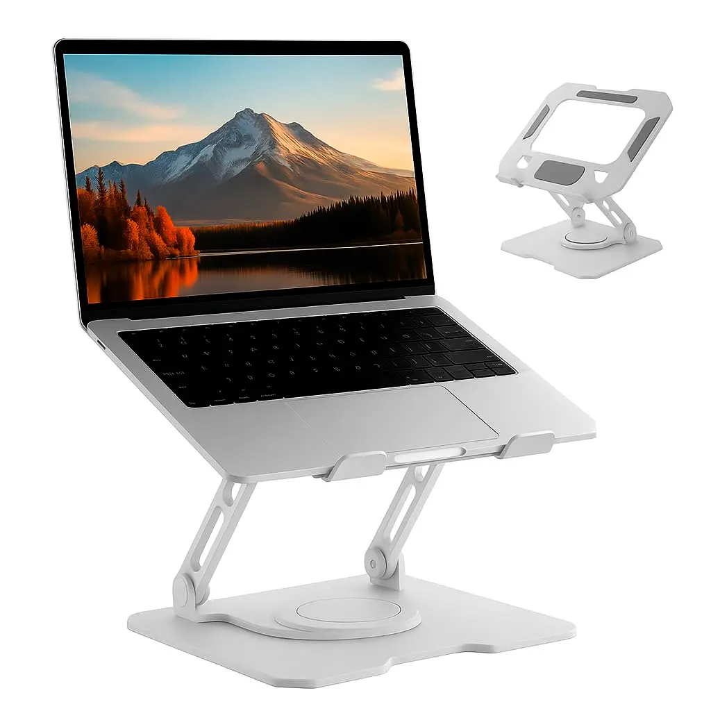 Suporte para Notebook de até 17” em Aço Carbono, Ajustável, Dobrável, Base Giratória 360° e Ventilação, Ergonômico e Portátil para Home Office e escritório, também para tablets e celulares (Branco)