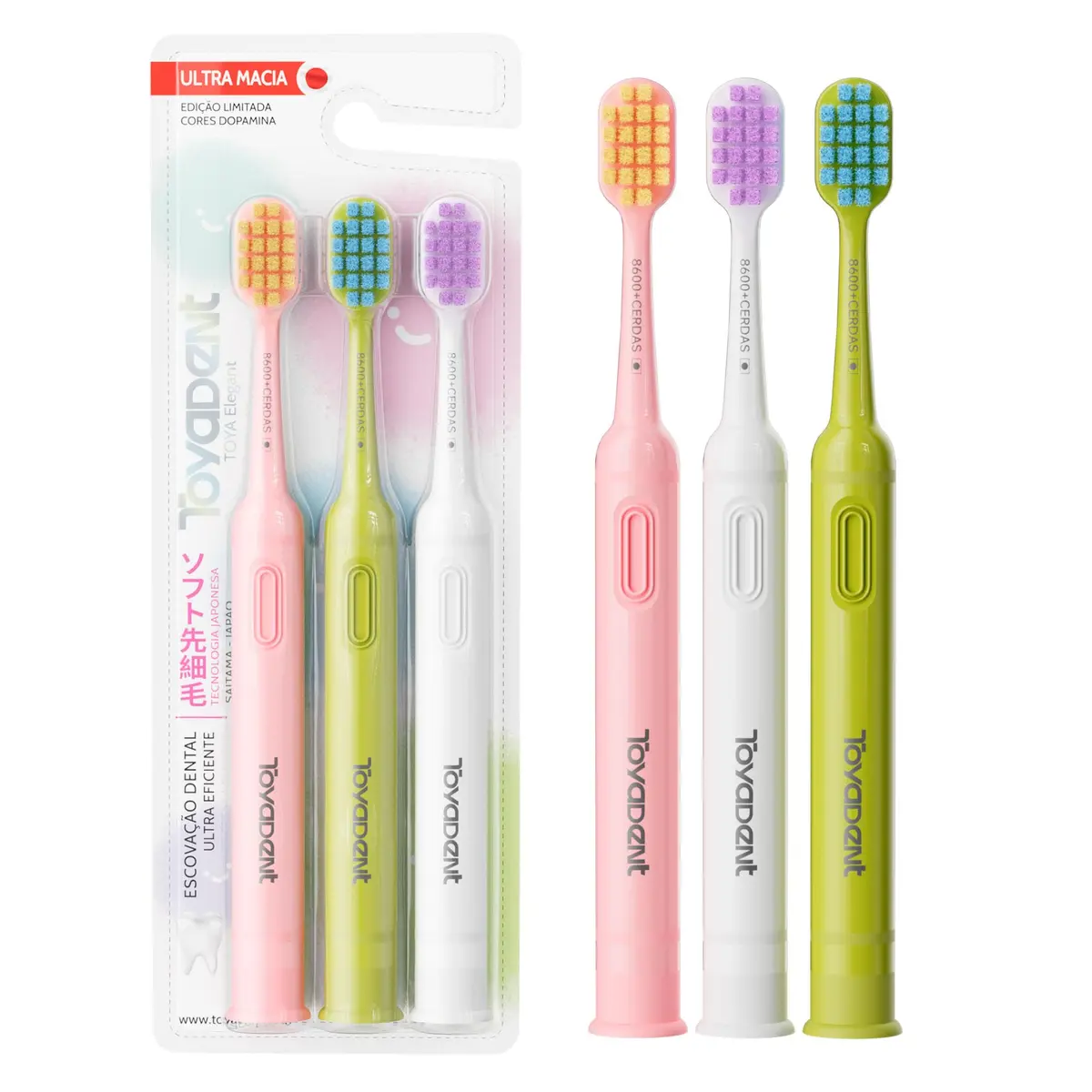 TOYADENT Escova de Dentes para Adultos Cerdas Macias, Kit com 3 Unidades | Cerdas Super Macias, Alta Densidade de Cerdas, Design com Ventosa, Pode Ficar em Pé, Limpeza Profunda entre os Dentes