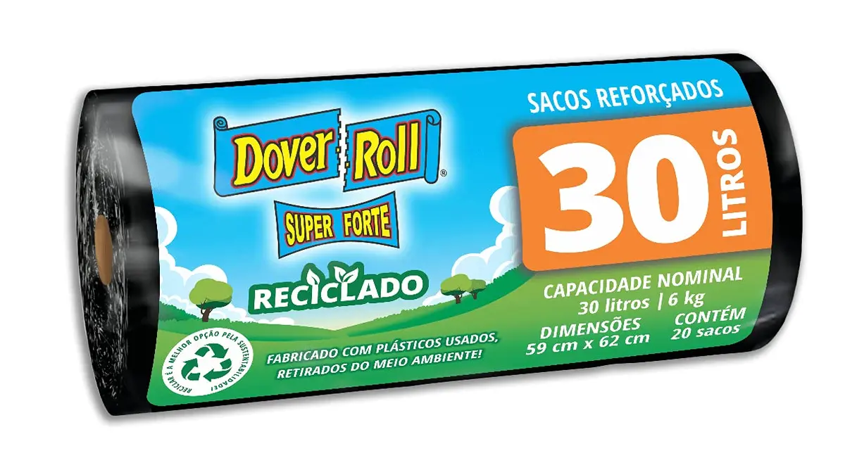 Dover-Roll Super Forte Reciclado 30L Preto, Rolo com 20 Sacos para Lixo