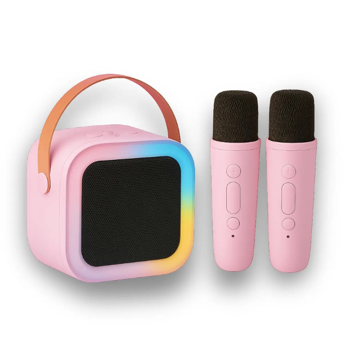 Karaokê Infantil Portátil com LED, Caixa de Som Bluetooth, 2 Microfones Sem Fio, Recarregável, Modos de Voz Divertidos (Rosa) - 1