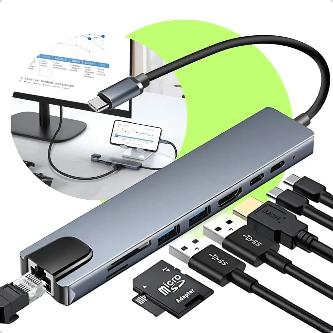 Hub Usb C 8 Em 1 Adaptador Multiportas Macbook Pc Notebook - 1