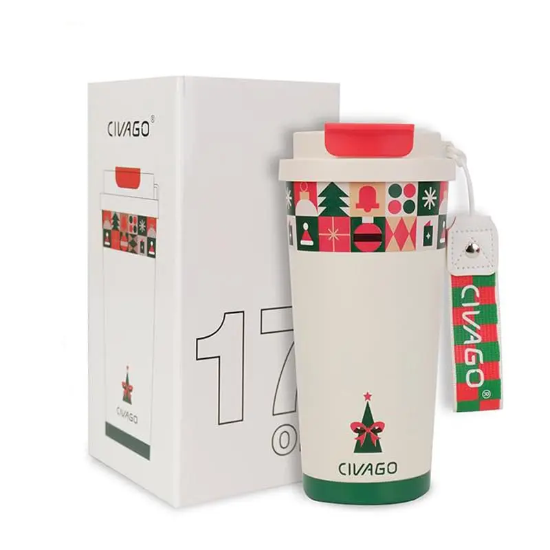 Copo Térmico Portátil 500ml Aço Inox 316, Edição Bicolor, Revestimento Cerâmico, Antivazamento, Tampa 2-em-1, Ideal Casa, Escritório, Presente, Quente 12h / Frio 24h (Cores Natalinas) - 1