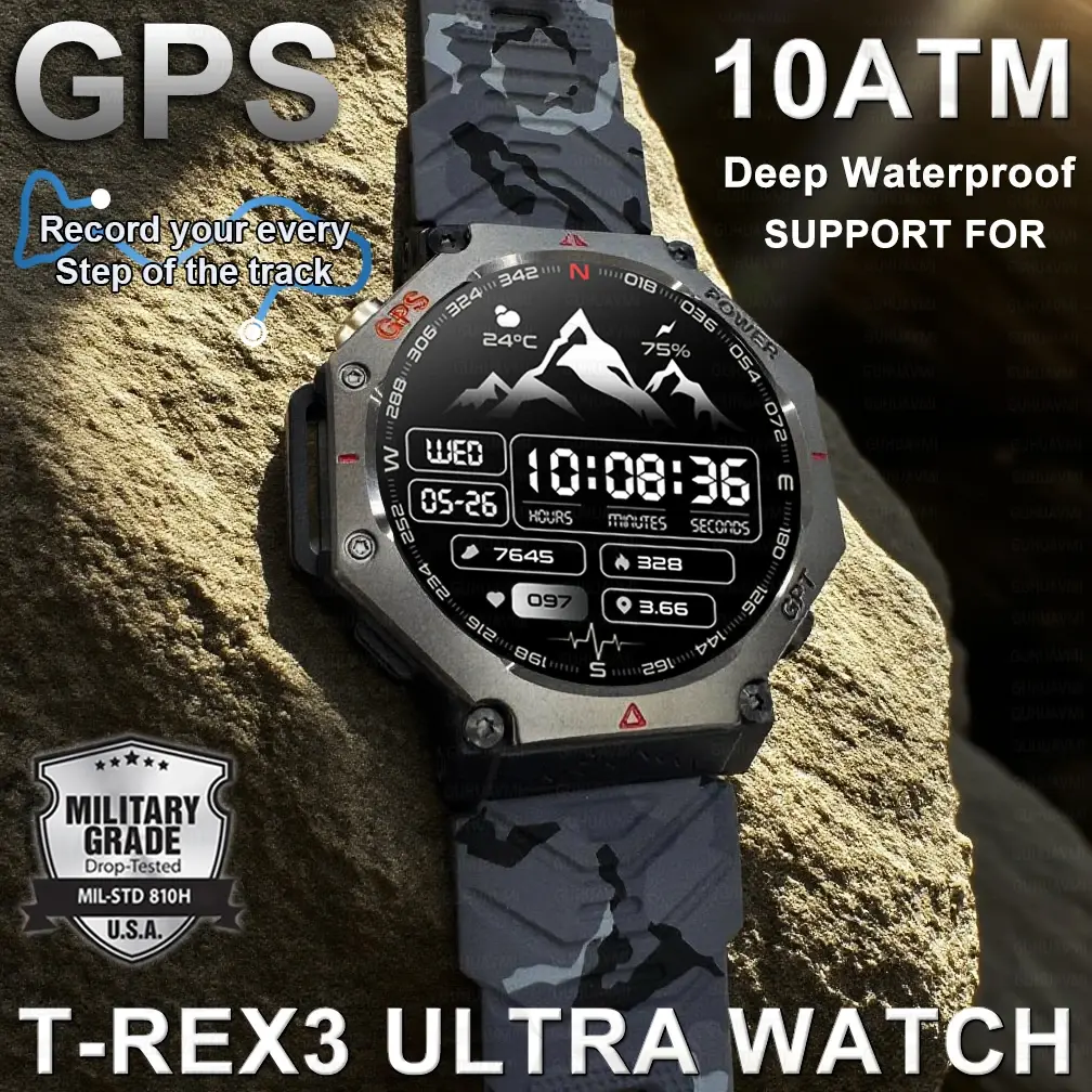 Relógio inteligente militar t-rex 3 bulit-in gps bússola altímetro barométrico 10atm ip69k à prova d' água amoled bluetooth chamada relógio inteligente
