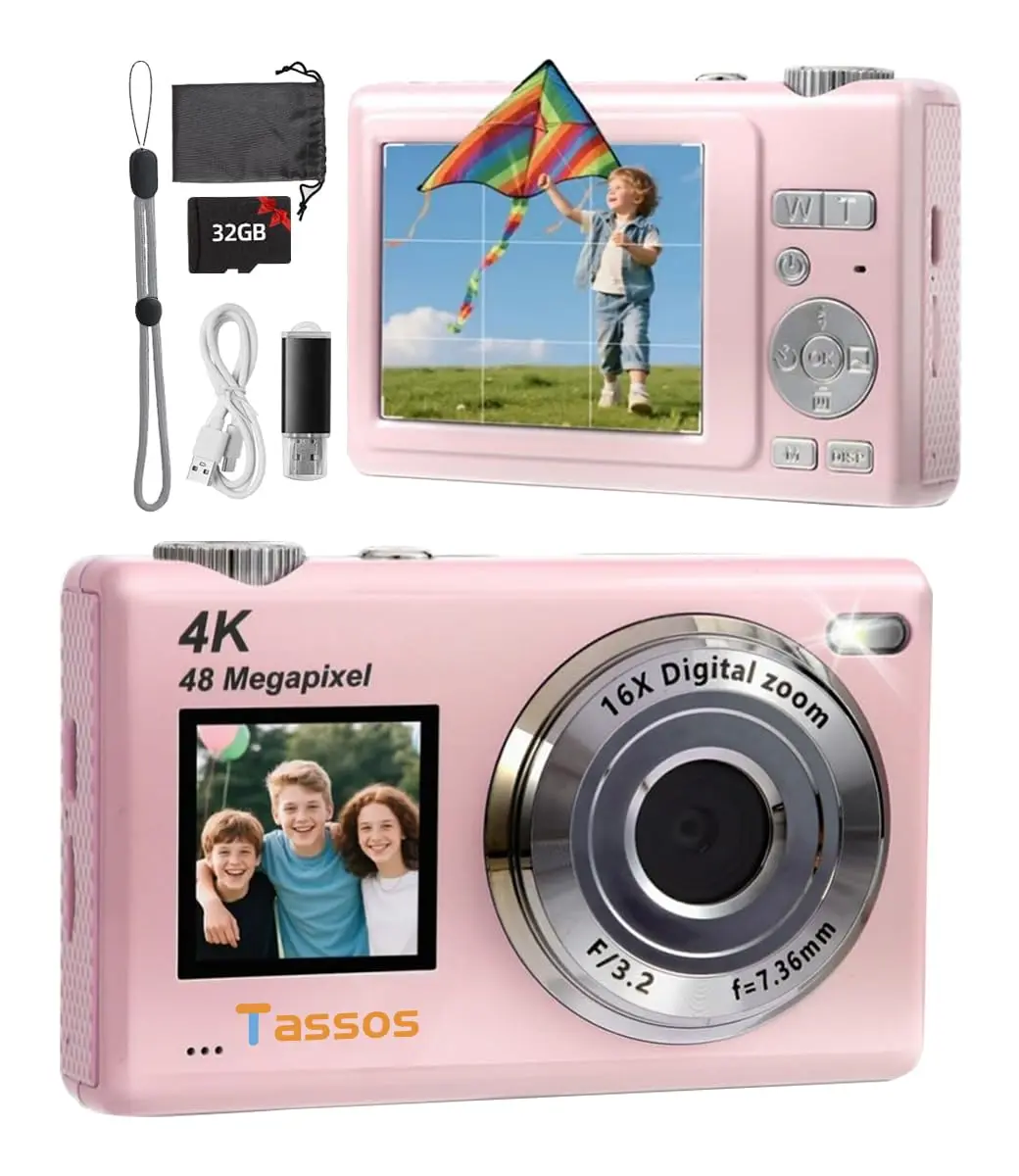 Câmera Digital,Fotográfica 48MP 4K,Câmera Compacta para Vlogs com Tela Dupla, Cartão de 32 GB, Zoom Digital de 16x e Estabilizador de Imagem, Ideal para Iniciantes (Rosa)