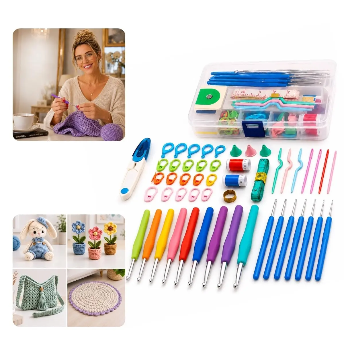 Kit Conjunto Crochê Completo 53 Peças Tricô Agulhas Costura Dedal Fita Métrica Marcador Medidor de Pontos Punho Soft Cabo Ergonômico Amigurumi Estojo Lã Tapeçaria Artesanato Tesoura Contador Carreira