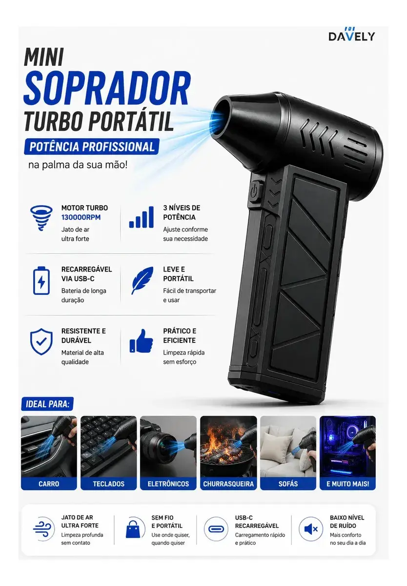 Mini Ventilador Soprador Ar Turbo 130000rpm Assoprador Sem Fio Recarregável USB-C 3 Níveis Jato Forte Portátil Multiuso Limpeza Teclado Carro Acende Churrasqueira Davely thumbnail 2