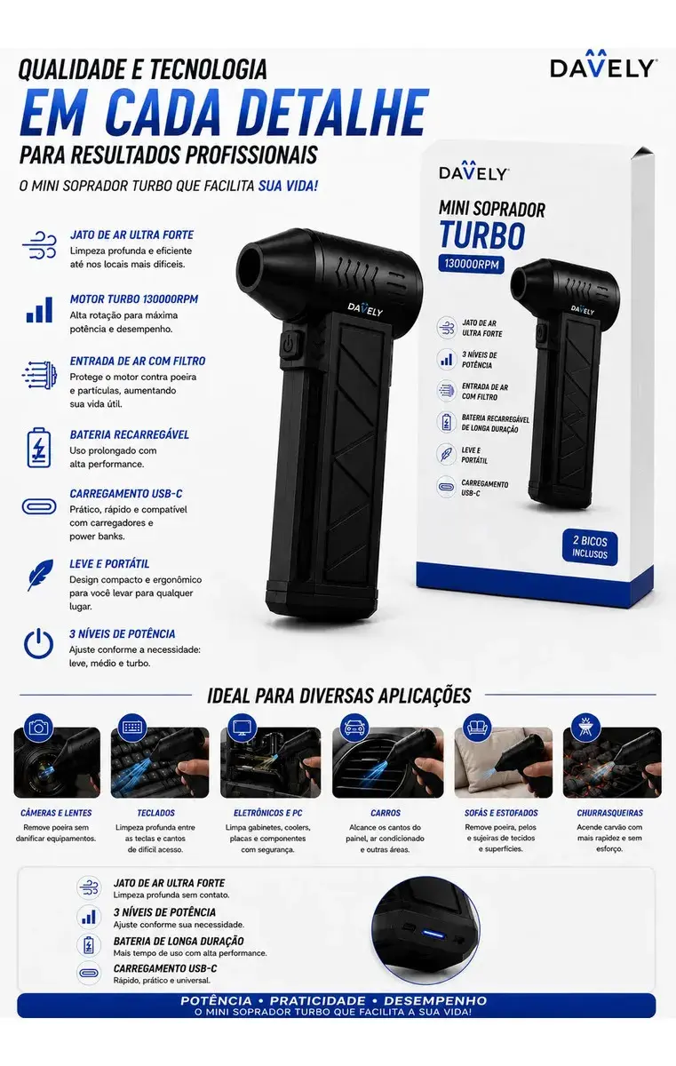 Mini Ventilador Soprador Ar Turbo 130000rpm Assoprador Sem Fio Recarregável USB-C 3 Níveis Jato Forte Portátil Multiuso Limpeza Teclado Carro Acende Churrasqueira Davely thumbnail 3
