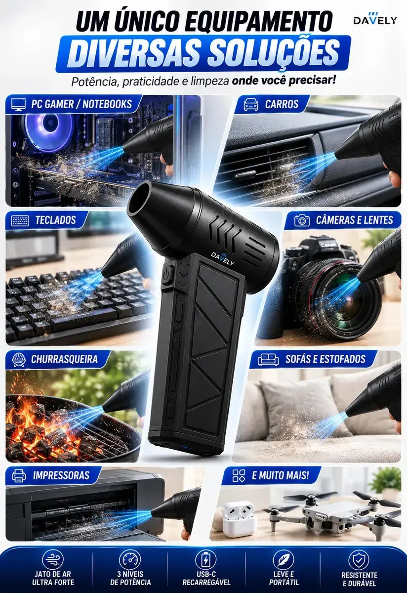 Mini Ventilador Soprador Ar Turbo 130000rpm Assoprador Sem Fio Recarregável USB-C 3 Níveis Jato Forte Portátil Multiuso Limpeza Teclado Carro Acende Churrasqueira Davely thumbnail 4