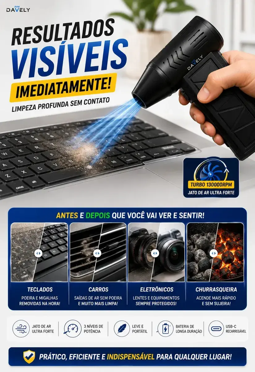 Mini Ventilador Soprador Ar Turbo 130000rpm Assoprador Sem Fio Recarregável USB-C 3 Níveis Jato Forte Portátil Multiuso Limpeza Teclado Carro Acende Churrasqueira Davely thumbnail 5