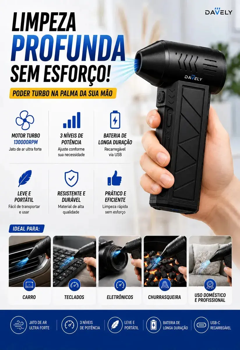 Mini Ventilador Soprador Ar Turbo 130000rpm Assoprador Sem Fio Recarregável USB-C 3 Níveis Jato Forte Portátil Multiuso Limpeza Teclado Carro Acende Churrasqueira Davely thumbnail 6