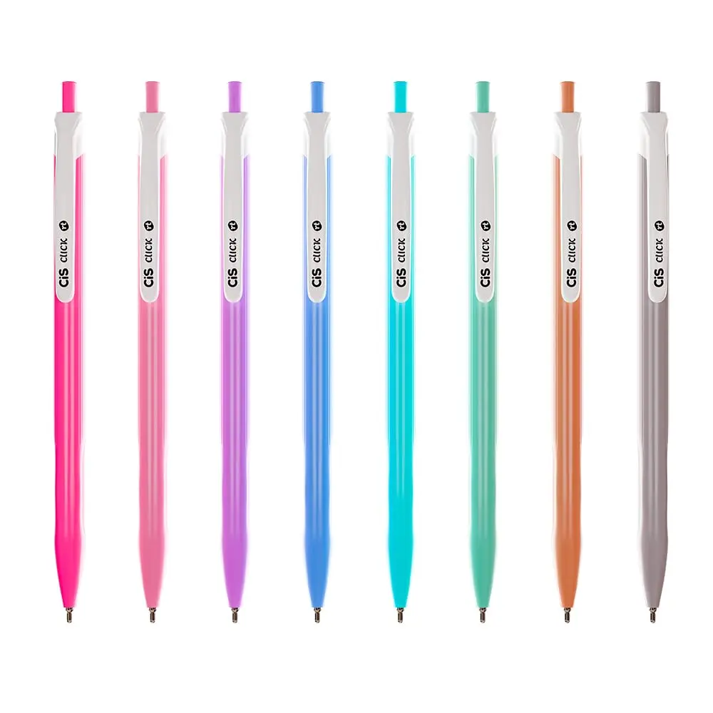 CIS Caneta Click Retrátil – Estojo com 8 Cores Vibrantes – Corpo Metalizado Texturizado, Grip Ergonômico – Ponta 0.7mm - 1