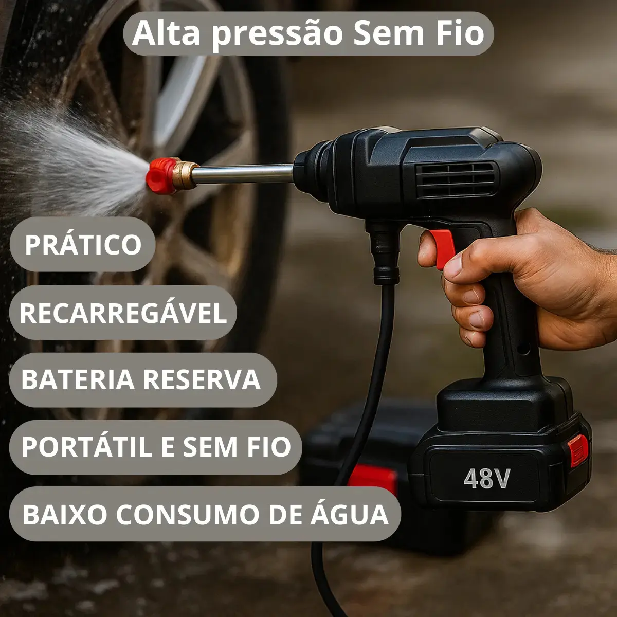 Lavadora Lava Jato Portátil Alta Pressão 2 Baterias Recarregáveis 48v Sem Fio Maleta Preto 50 Hz X 60 Hz - 1