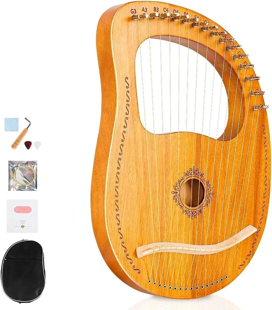 Harpa de Lira 16 Cordas com Chave de Afinação de Bolsa, Harpa de Lira de Madeira de Mogno, Mini Instrumento de Harpa - 1