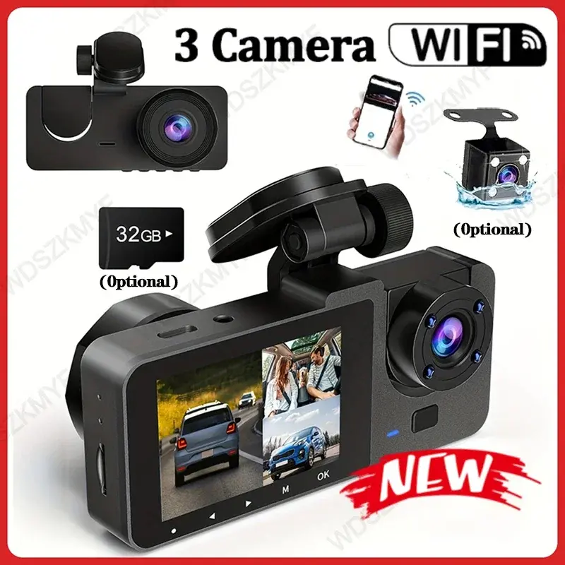 Câmera de carro de 3 canais, câmera de painel wi-fi de lente tripla, gravador de vídeo HD 1080P, visão noturna, DVR de carro com grande angular para frente e rea