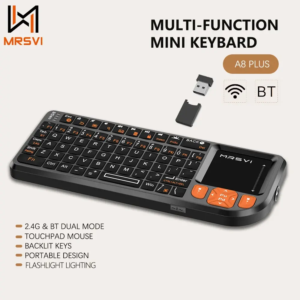 Teclado Bluetooth Mini MRSVI A8 PLUS, Teclado Sem Fio Retroiluminado 2.4GHz com Touchpad para Android TV Box, Mac, Laptop, Windows