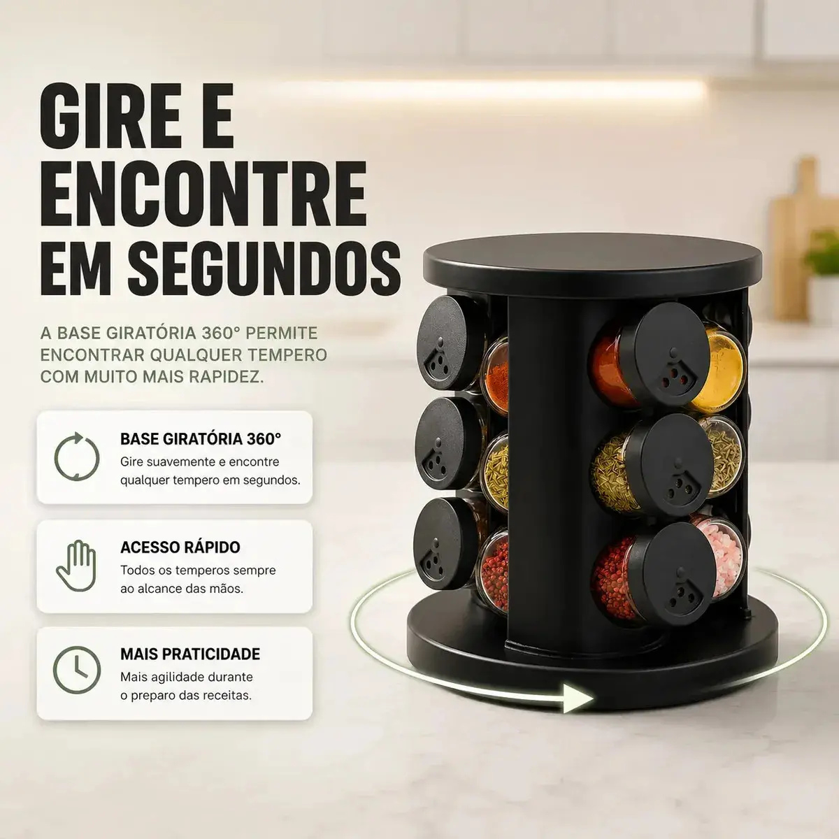 Porta Temperos Condimentos 9 Unidades Potes Vidro Base Giratória Preto Organizador Cozinha Dosador Sólar thumbnail 2