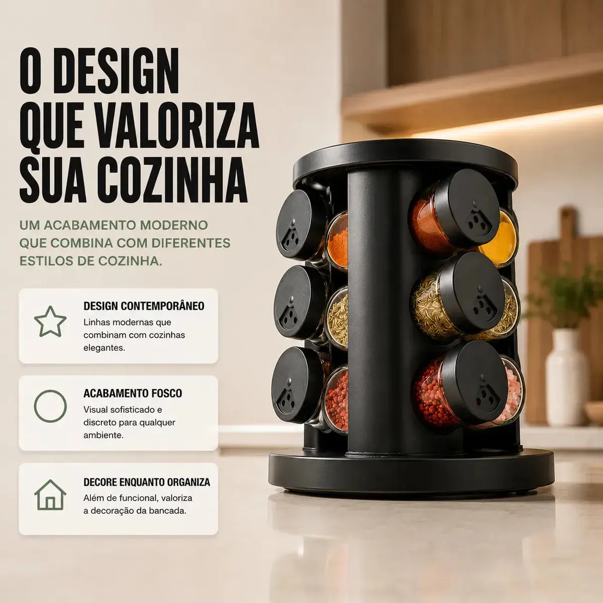 Porta Temperos Condimentos 9 Unidades Potes Vidro Base Giratória Preto Organizador Cozinha Dosador Sólar thumbnail 3