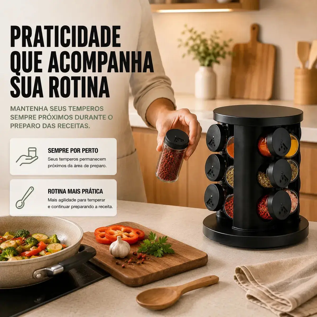 Porta Temperos Condimentos 9 Unidades Potes Vidro Base Giratória Preto Organizador Cozinha Dosador Sólar thumbnail 4