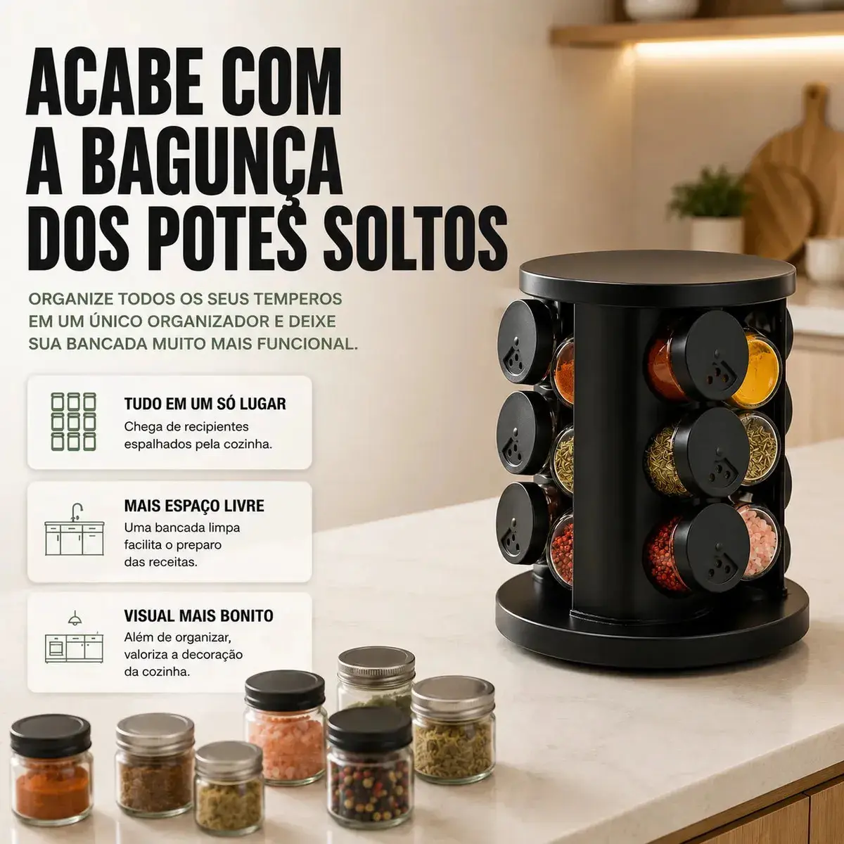 Porta Temperos Condimentos 9 Unidades Potes Vidro Base Giratória Preto Organizador Cozinha Dosador Sólar thumbnail 5