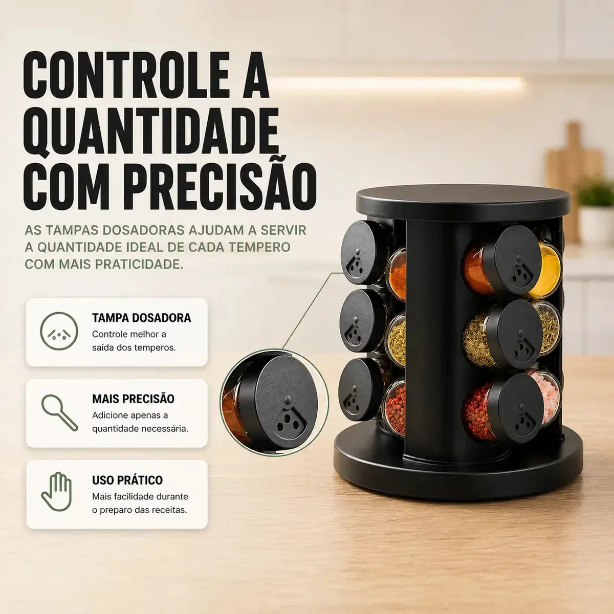 Porta Temperos Condimentos 9 Unidades Potes Vidro Base Giratória Preto Organizador Cozinha Dosador Sólar thumbnail 7