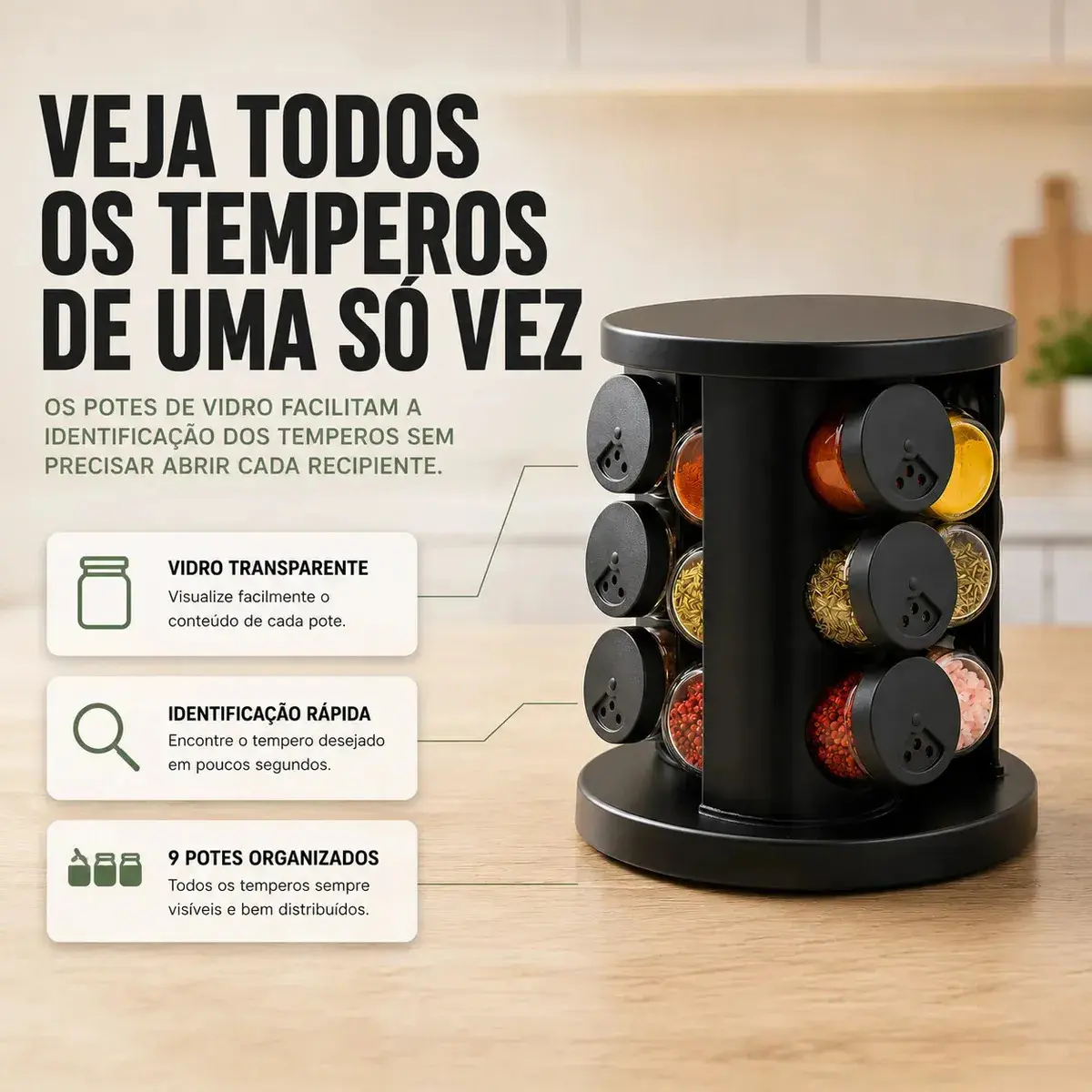 Porta Temperos Condimentos 9 Unidades Potes Vidro Base Giratória Preto Organizador Cozinha Dosador Sólar thumbnail 8