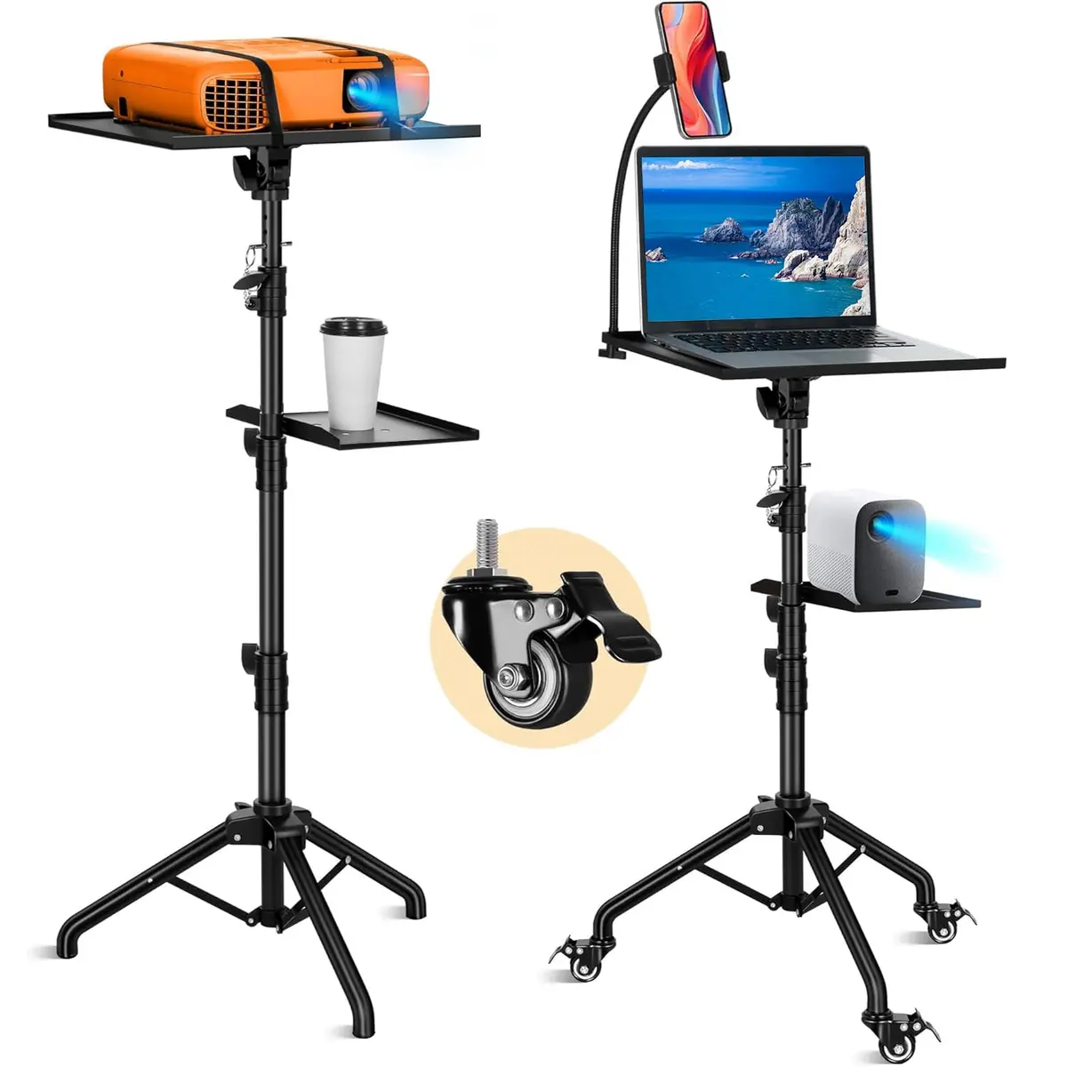 66 a 135 cm Tripé para Projetor, Tripé para Laptop com Rodas com 2 Prateleiras, Suporte de Tripé para Projetor Ajustável, Suporte Portátil para Projetor de Chão - 1