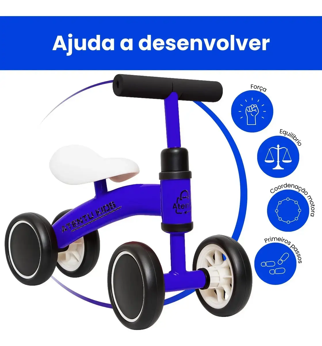 Bicicleta Infantil De Equilíbrio Sem Pedal Andador 4 Rodas Cor Azul thumbnail 3