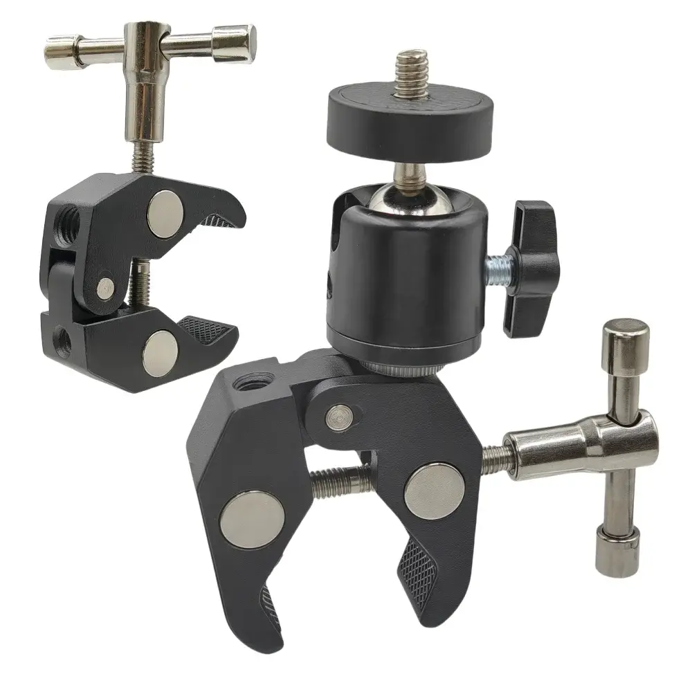 Super Braçadeira Mteal com 360 ° Mini cabeça esférica braçadeira de liberação rápida suporte tripé montagem clipe de parafuso 1/4 para câmera de ação DSLR