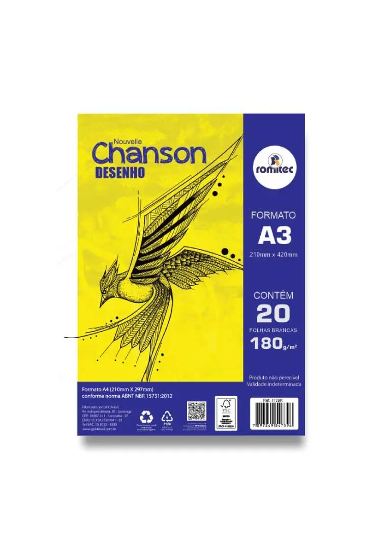 Bloco de desenho Chanson A3 com 20 Folhas 180 g/m², Papel offset, (30x42 cm), Branco, Romitec