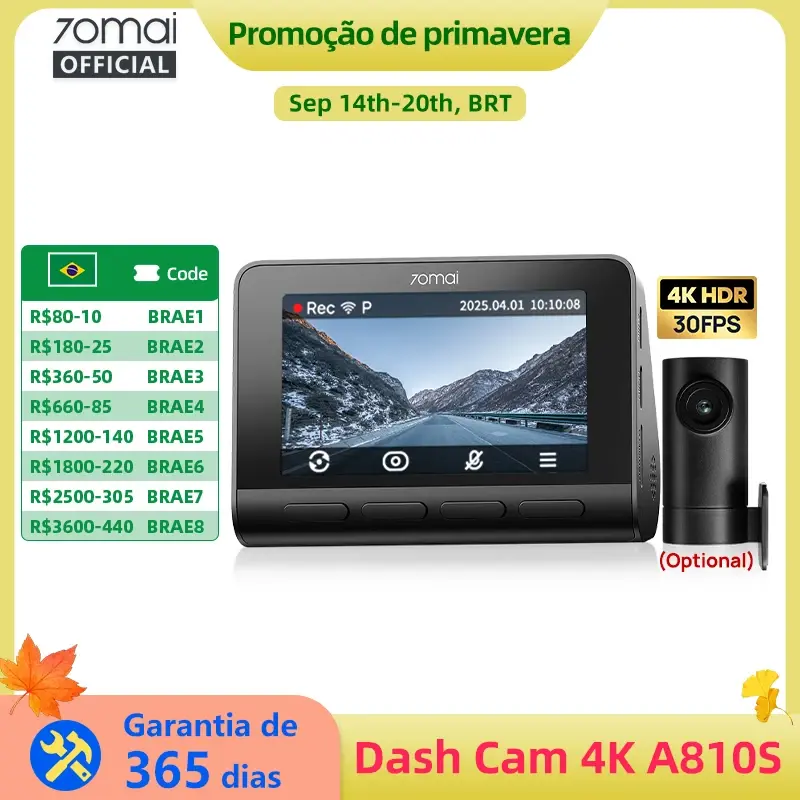 Câmera Veicular 70mai A810S 4K IMX678 Dual HDR Supercapacitor 4G LTE Controle Remoto Wi-Fi 6 5GHz Controle por Voz GPS ADAS - 1