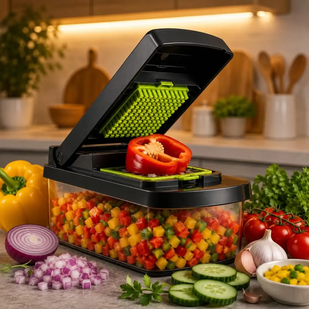 Cortador de Legumes Profissional com Recipiente 16 em 1 | Fatiador, Picador, Premium