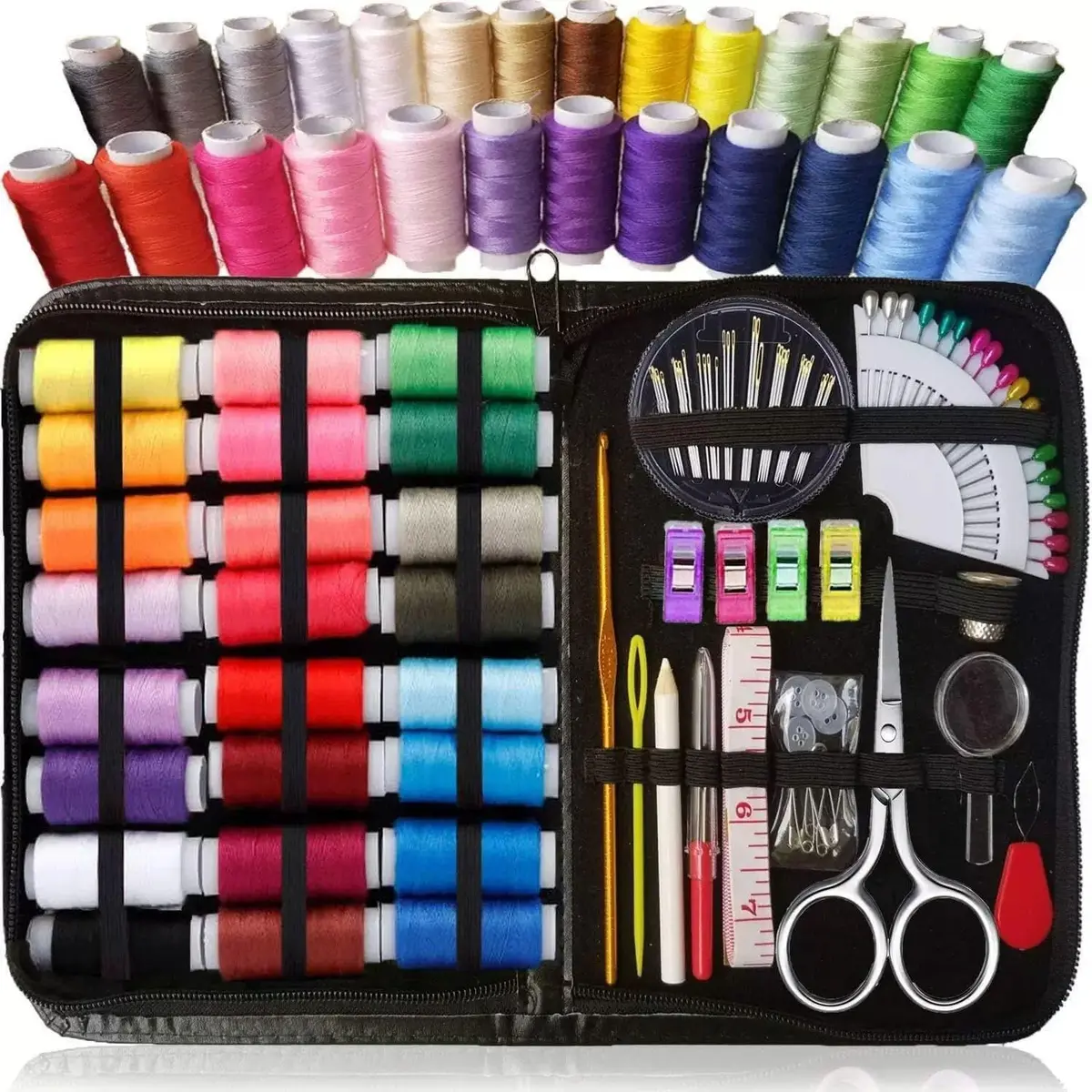 Kit de Costura Completo, Estojo com Linhas Coloridas, Tesoura, Agulhas e Acessórios para Costura Manual e Máquina (106)