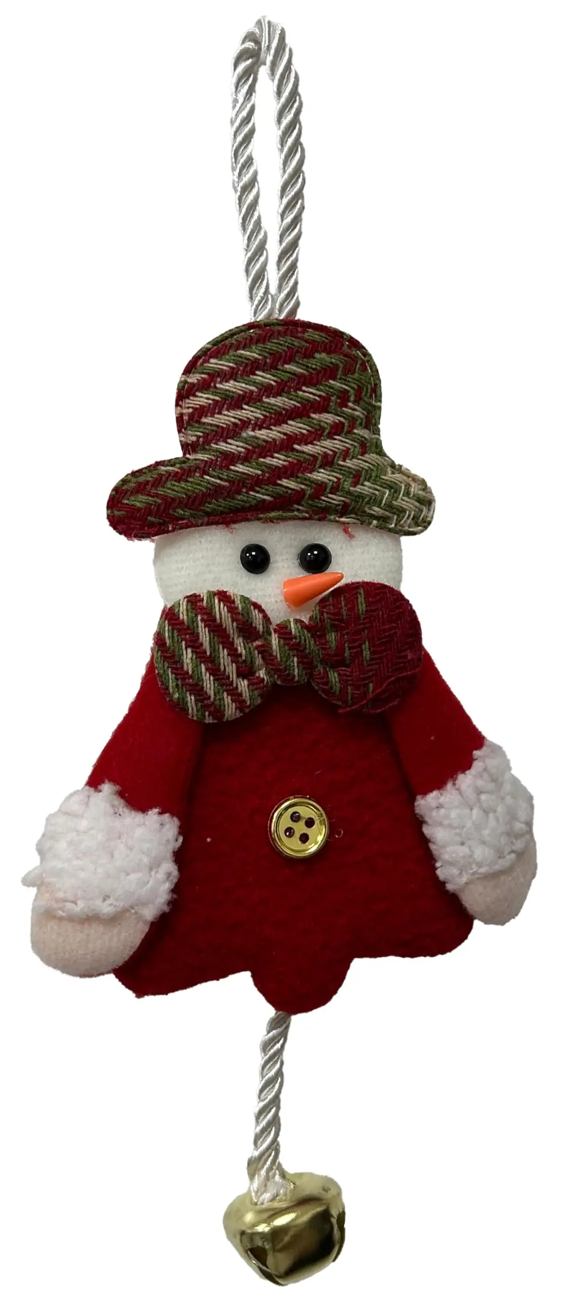 Rio Master Pendente Boneco de Neve Sino Vermelho com Guizo Xadrez | Corpo em formato de sino com guizos dourados que soam ao balançar na árvore ou na porta