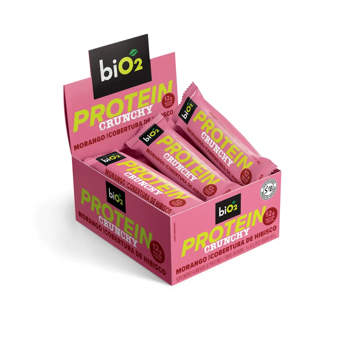 Barra de Proteína Crocante biO2 Protein Crunchy Morango com Hibisco, Caixa com 9 unidades de 50 g, Vegana e sem Glúten
