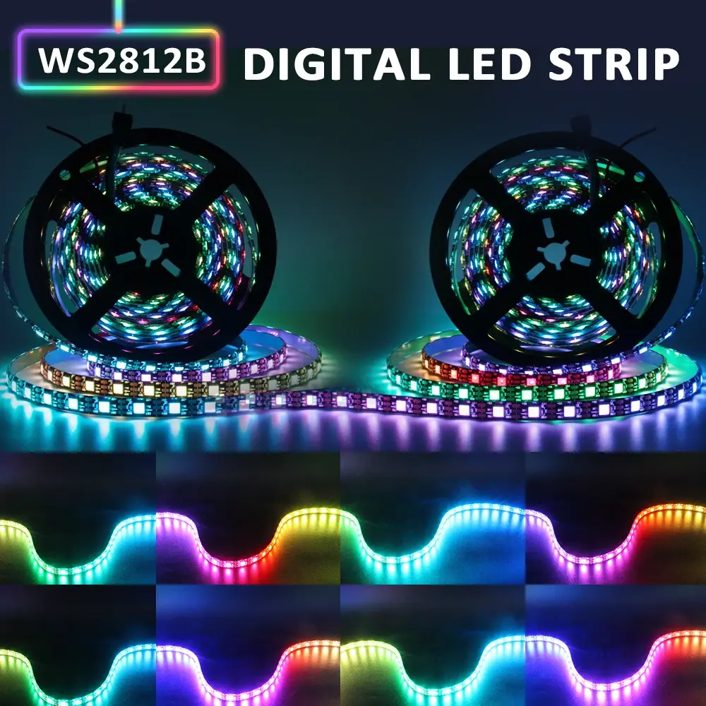 Fita de LED WS2812B RGBIC 30/60/144 LEDs/M, Pixel RGB Colorido, Placa PCB Preta/Branca, À Prova D'água IP30 IP65 IP67 DC5V