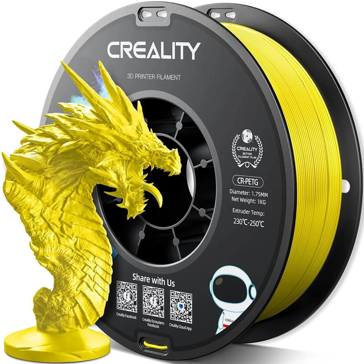 Creality Filamento PETG oficial para impressora 3D, 1,75 mm, 1 kg (2,2 lb), alta precisão, grande resistência, inodoro, melhor fluidez, filamento PETG CR para impressão 3D à prova de umidade, amarelo