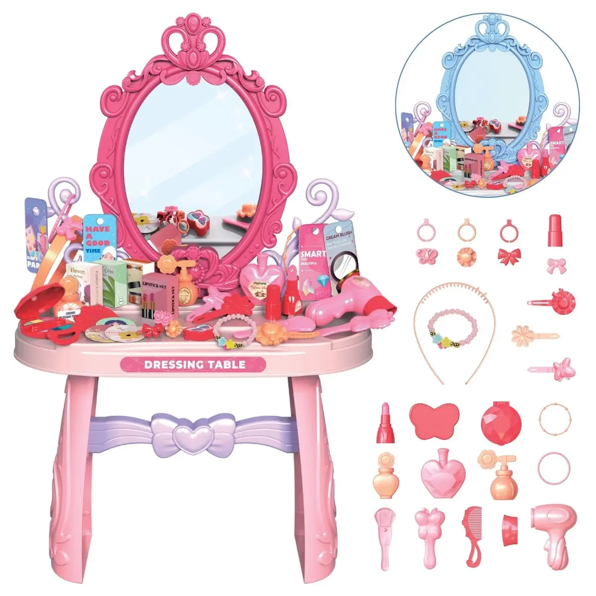 Penteadeira Brinquedo Princesa Maquiagem Espelho Menina Acessórios Faz de Conta (Rosa)