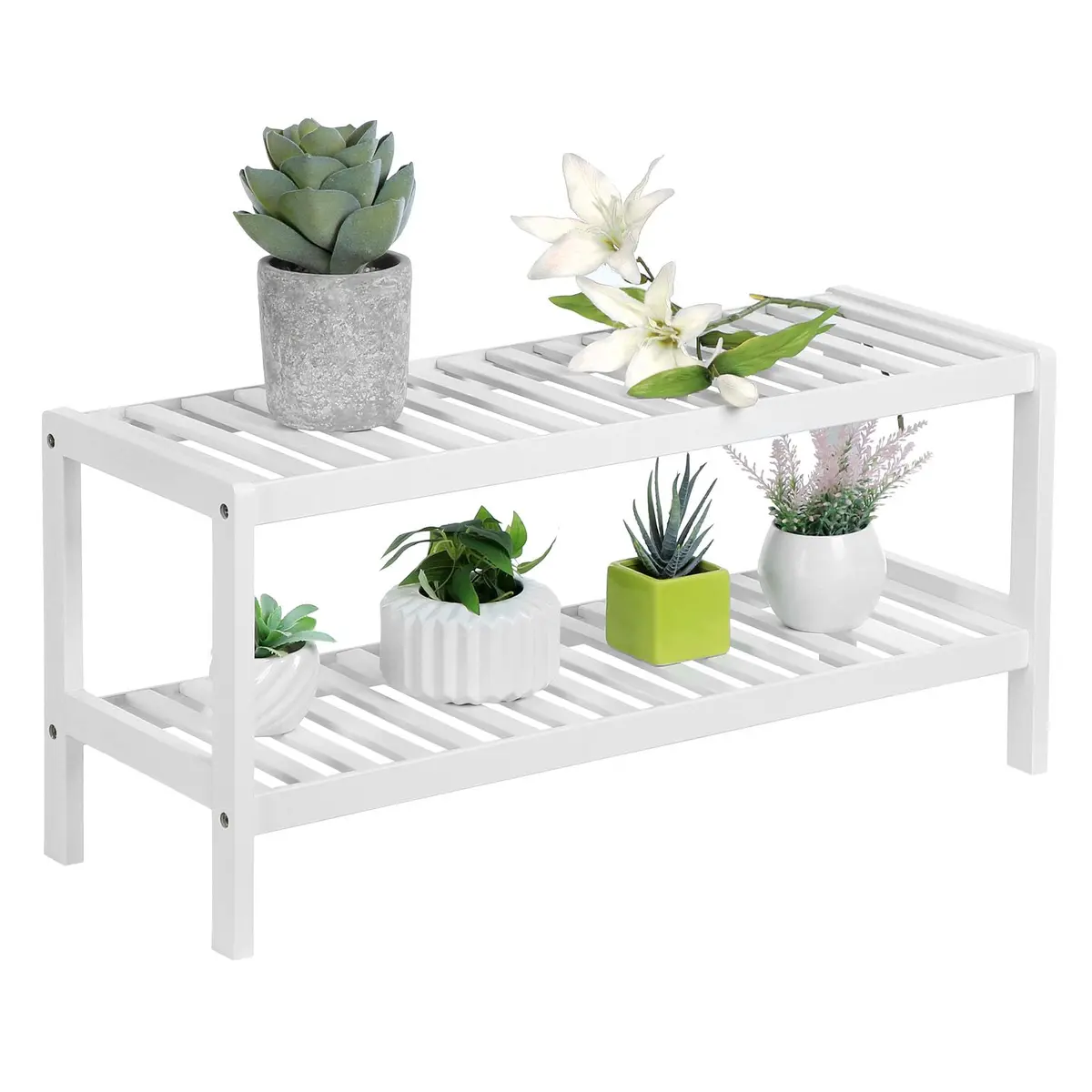 SONGMICS Sapateira de Bambu Natural de 2 Níveis, Prateleira para Sapatos, Plantas, Livros, para Sala de Estar, Corredor, Quarto, Banheiro, 26 x 70 x 33 cm, Branco BRLBS02WT