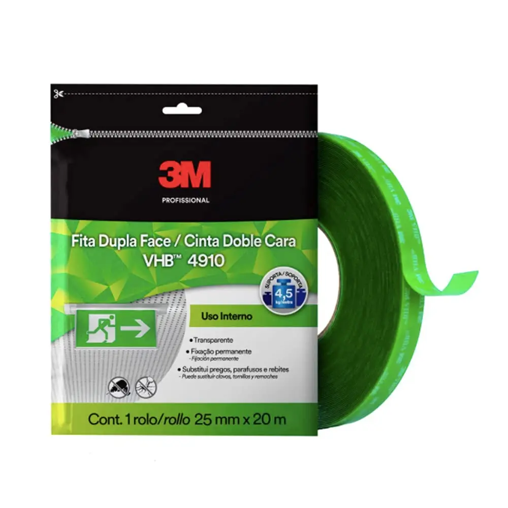 3M Fita Dupla-face VHB 4910 Uso Interno 25 mm x 20 m 1 Unidade | Suporta até 4,5 kg, Com colagem permanente, Alta resistência e durabilidade, Espuma firme e aplicação rápida e limpa