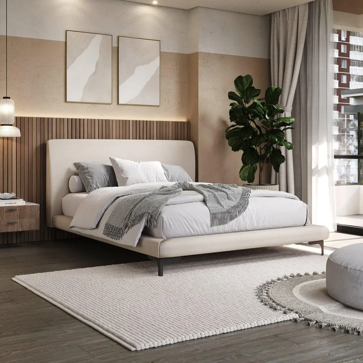 Cama King Estofada Linho com Cabeceira Star Bege - 1