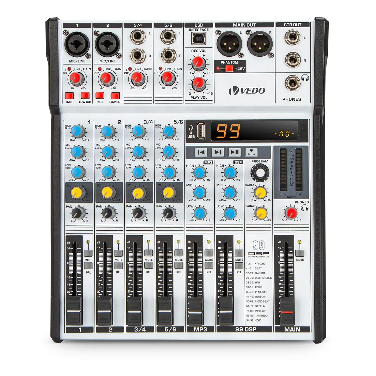 VEDO Mesa de Som Ultrafina de 6 Canais com 99 Efeitos DSP, Bluetooth 5.0, USB/OTG, Alimentação Fantasma de 48V, EQ de 3 Bandas para Apresentações ao Vivo, Gravações, Reuniões e Estúdio Doméstico