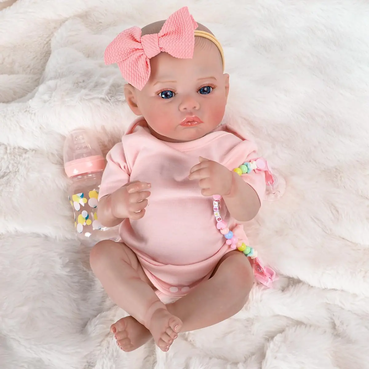 Bebê Reborn Boneca Silicone Menina Realista Pintado 48cm | Olhos Azuis Pode dar Banho com Laço Rosa Crianças Presentes Brinquedos Colecionáveis para Meninas