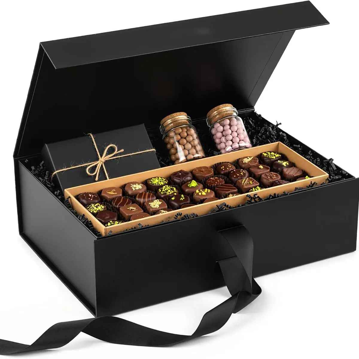 Caixa Presente Dobrável 33x25x12cm Cor Preto Estrutura Única sem Tampa Inclui Fita para Laço Armazenamento Plano Ideal para Mimos de Natal Casamento e Dia das Mães (Grande)