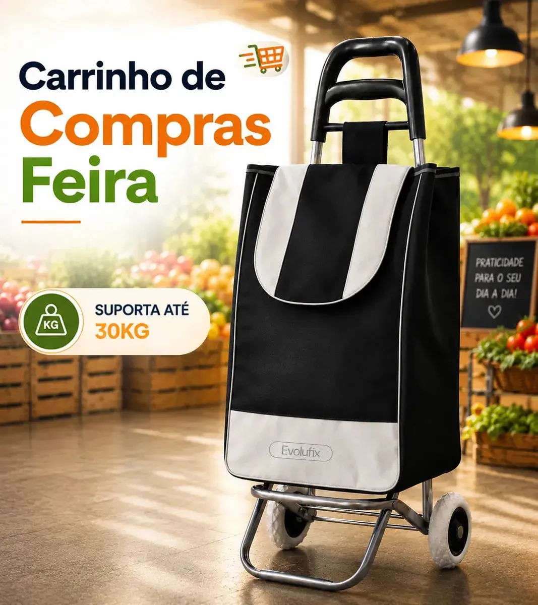 Carinho de Compras Feira Cesto Grande Dobrável Reforçado Resistente 30KG de Lona Multiuso Mercado com Rodas Portátil Preto Evolufix